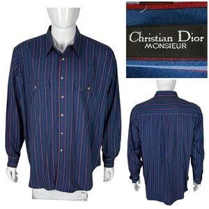 Christian Dior Monsieur Mens XL Shirt Blue Button Up Vintage Luxury Made In USA